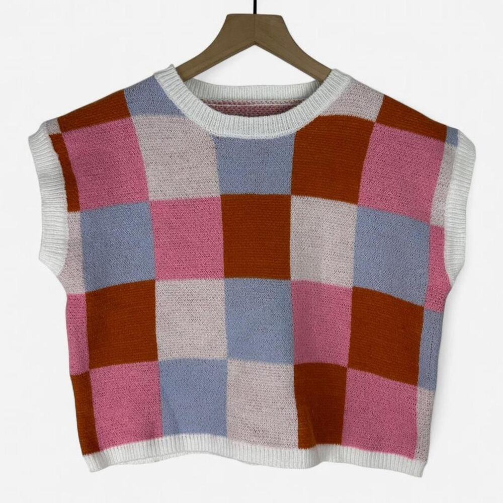 Pastel checkered knit sweater vest size small